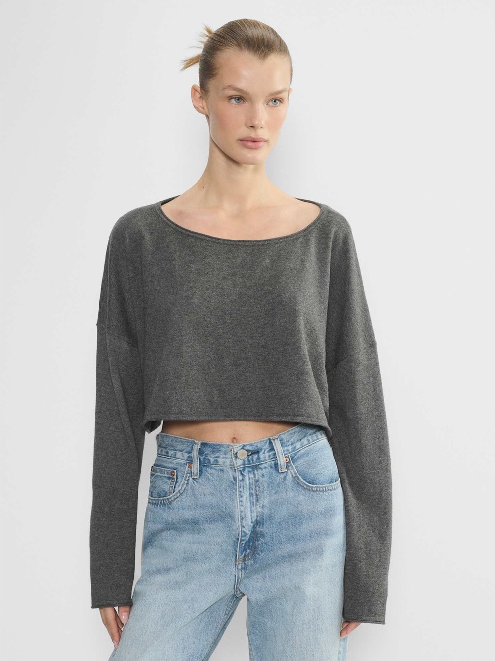 Aritiza Sunday Best Compote Cropped Boatneck Sweater Size XS Grey Cotton Cashmer